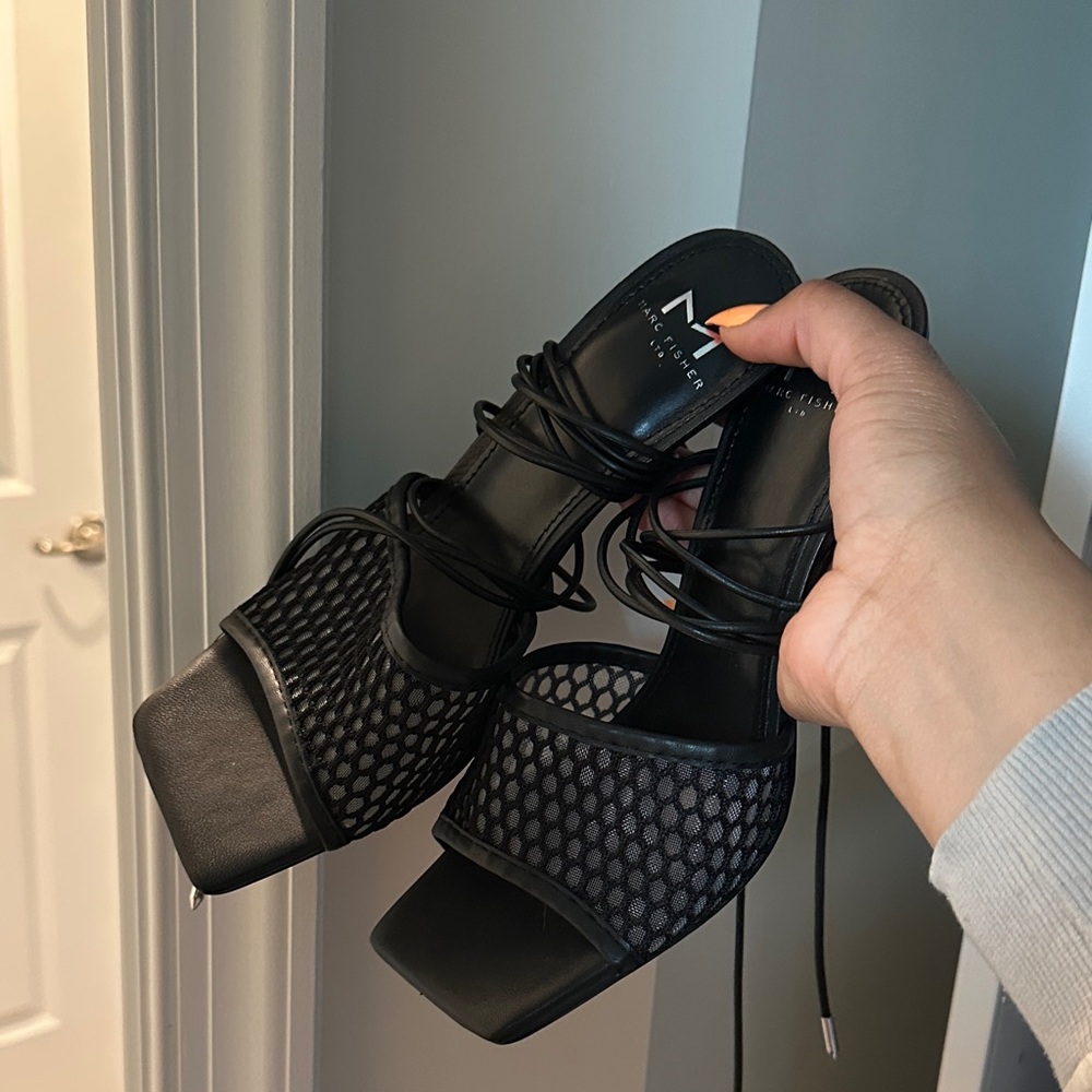 Black Lace-Up Mesh Heel Sandals